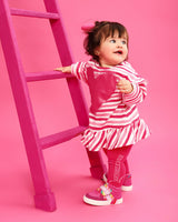 VESTIDO CORAZÓN RAYAS FUCSIA CON LEOTARDOS