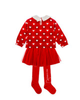 CONJUNTO SUDADERA CORAZONES Y FALDA ROJA CON LEOTARDOS