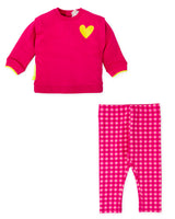 CONJUNTO SUDADERA CORAZÓN FLÚOR Y LEGGINS CUADROS FUCSIA