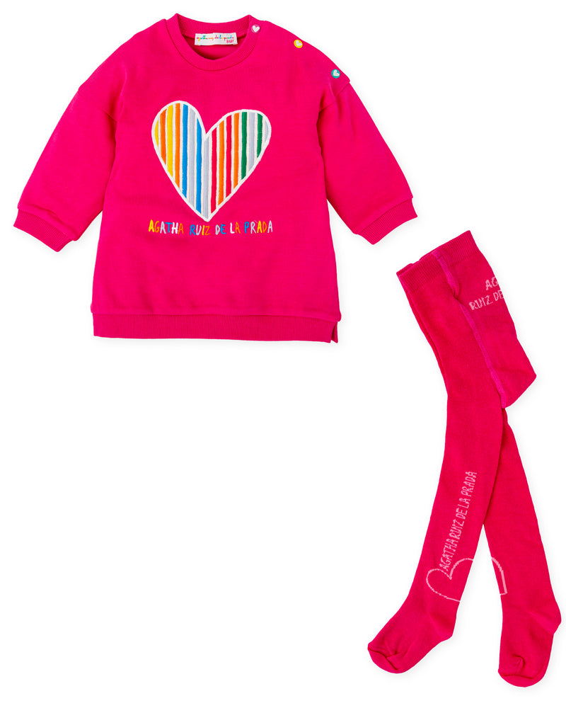 VESTIDO CORAZÓN RAYADO FUCSIA CON LEOTARDOS  