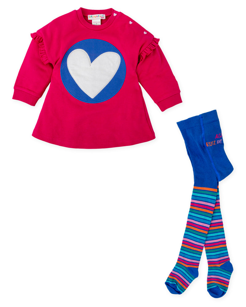 VESTIDO CORAZÓN BORDADO FUCSIA CON LEOTARDOS