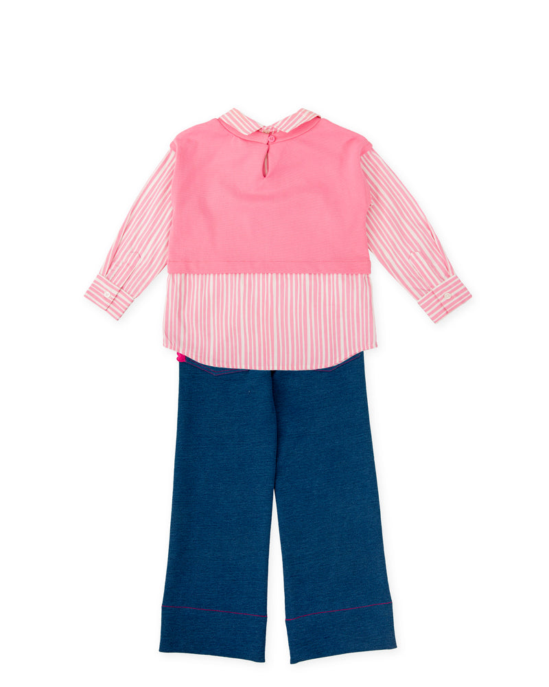 CONJUNTO CAMISA COMBINADA FRESA Y PANTALÓN DENIM