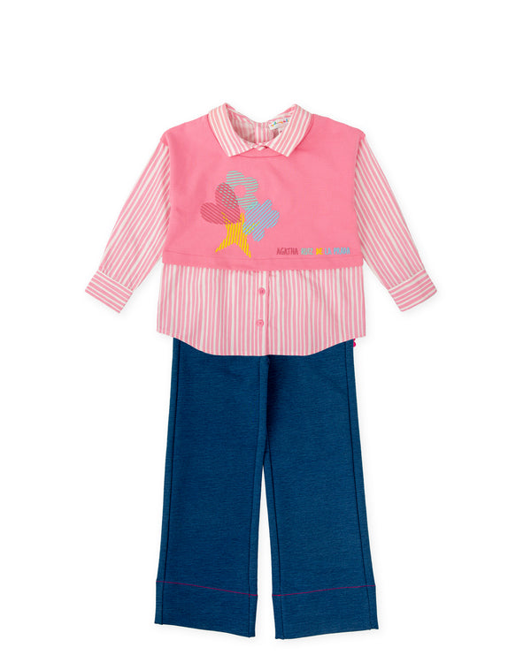 CONJUNTO CAMISA COMBINADA FRESA Y PANTALÓN DENIM