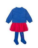 CONJUNTO SUDADERA LAZOS AZUL ELECTRICO Y FALDA FUSCIA CON LEOTARDOS 