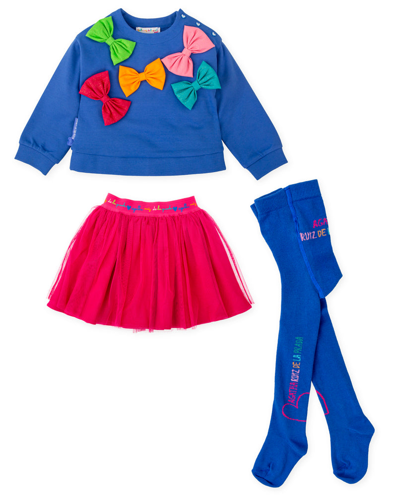 CONJUNTO SUDADERA LAZOS AZUL ELECTRICO Y FALDA FUSCIA CON LEOTARDOS 