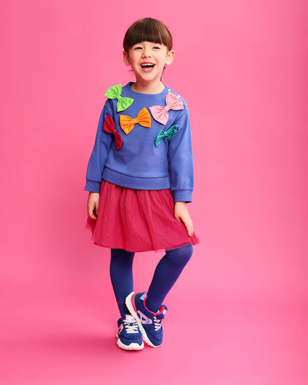 CONJUNTO SUDADERA LAZOS AZUL ELECTRICO Y FALDA FUSCIA CON LEOTARDOS 