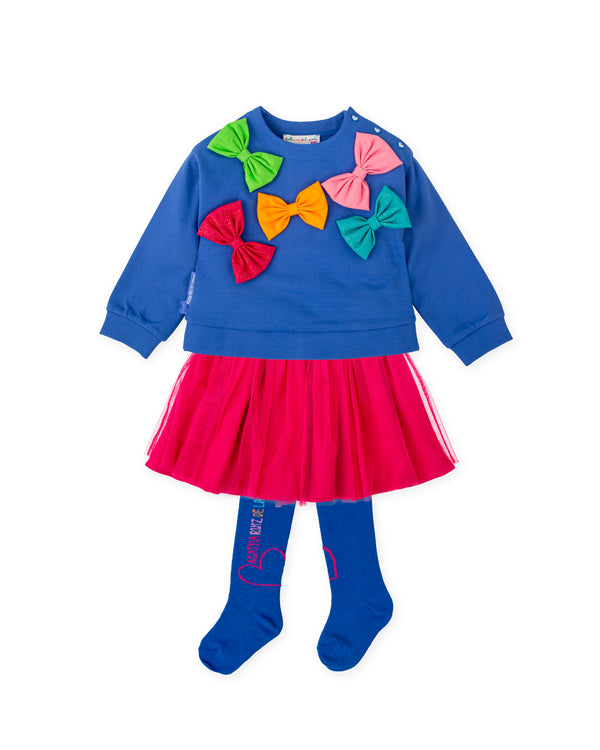CONJUNTO SUDADERA LAZOS AZUL ELECTRICO Y FALDA FUSCIA CON LEOTARDOS 
