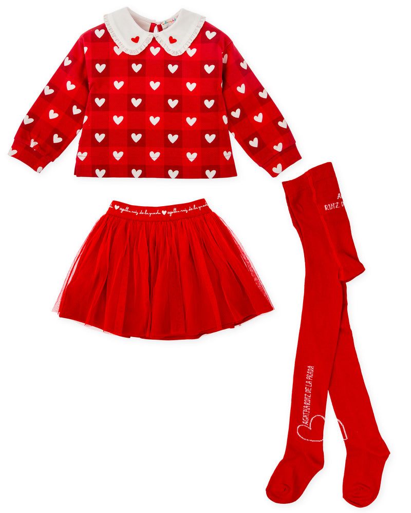 CONJUNTO SUDADERA CORAZONES Y FALDA ROJA CON LEOTARDOS
