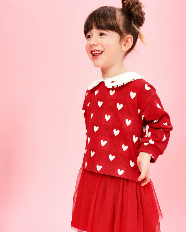 CONJUNTO SUDADERA CORAZONES Y FALDA ROJA CON LEOTARDOS