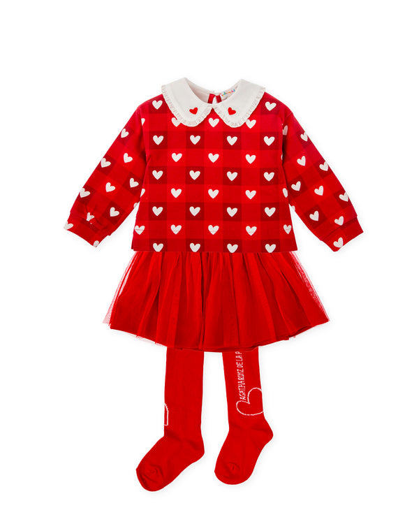 CONJUNTO SUDADERA CORAZONES Y FALDA ROJA CON LEOTARDOS
