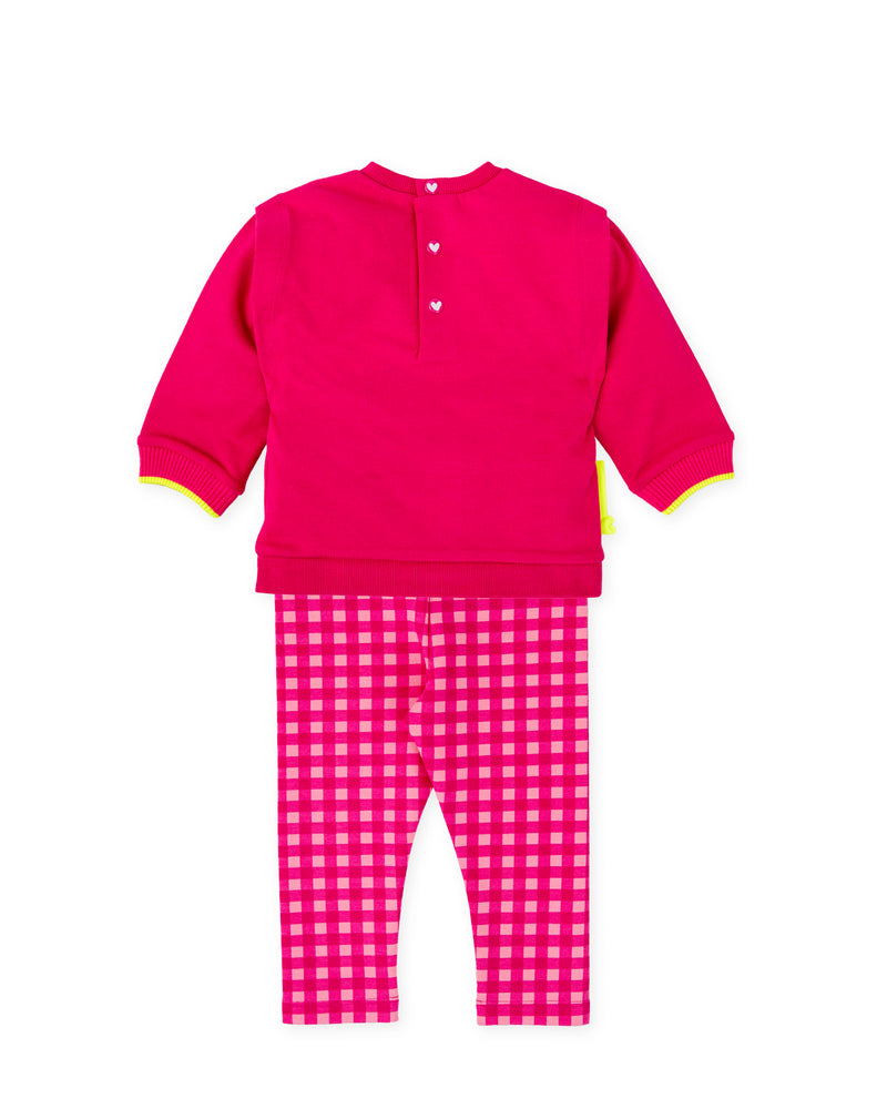 CONJUNTO SUDADERA CORAZÓN FLÚOR Y LEGGINS CUADROS FUCSIA